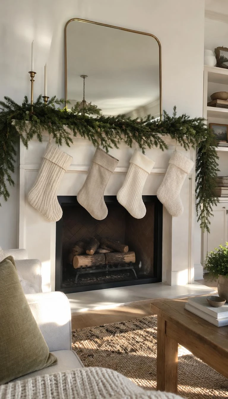 A candid, realistic iPhone photograph of a bright white living room fireplace, featuring four stockings in alternating textures of ribbed wool, slubbed linen, waffle cotton, and boucle hung below a wild spruce branch garland, morning sun hitting the hearth.