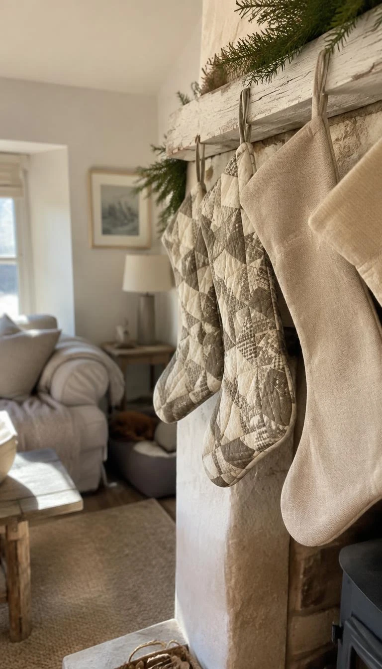 A candid, realistic iPhone photograph of a cozy cottage living room, showing hand quilted cotton stockings in muted taupe geometric patterns hung beside simple beige linen socks on a whitewashed beam, warm daylight across the soft textiles.