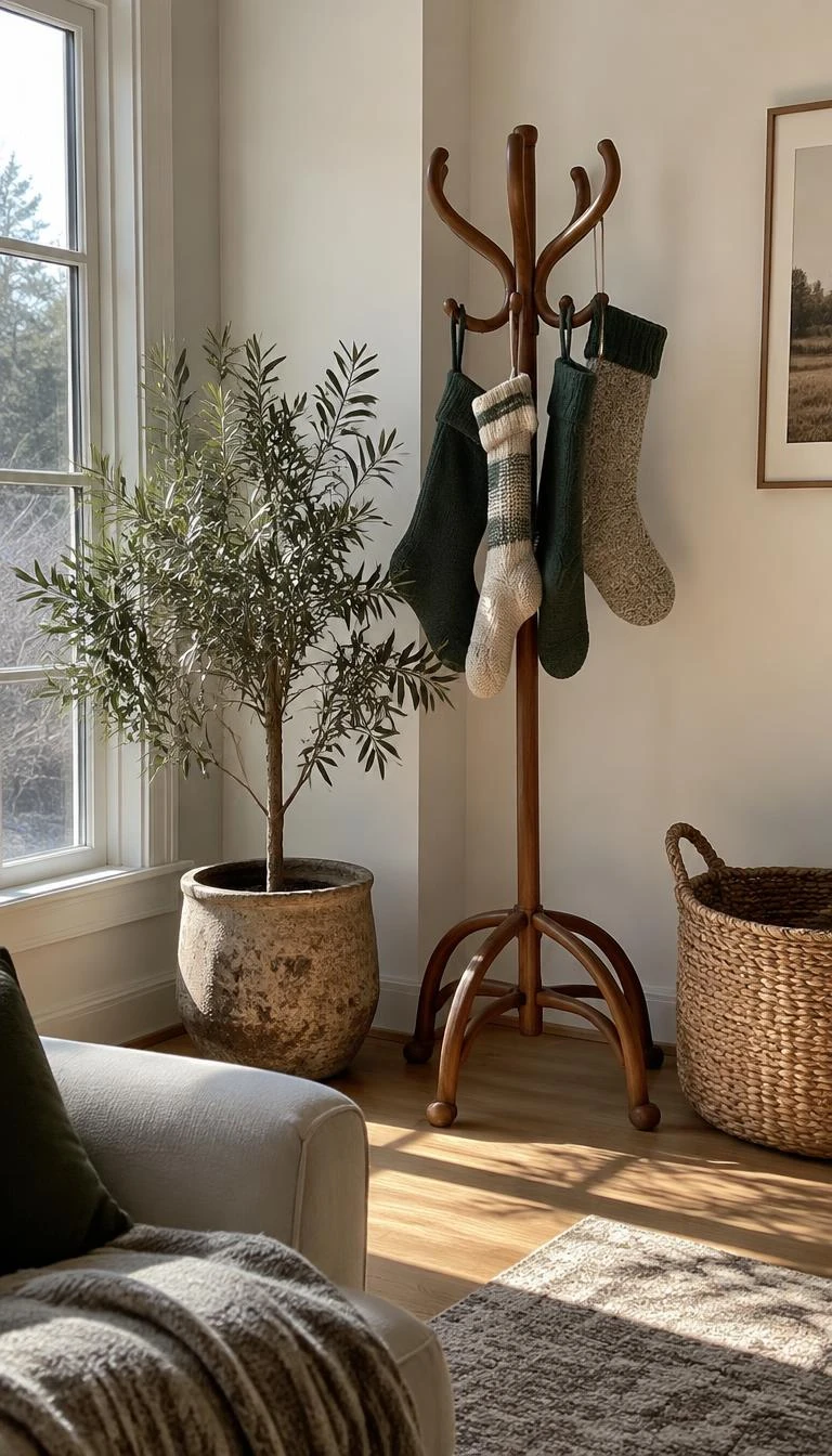A candid, realistic iPhone photograph of a sunlit living room corner, where four dark green and natural wool stockings hang from the branches of a bentwood coat rack next to a potted olive tree, soft morning atmosphere.