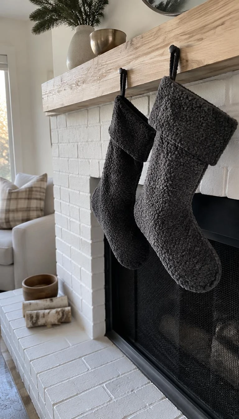 A candid, realistic iPhone photograph of a contemporary painted white brick fireplace, displaying charcoal grey boucle stockings with soft textured loops hanging from matte black nails, bright daylight casting soft shadows.