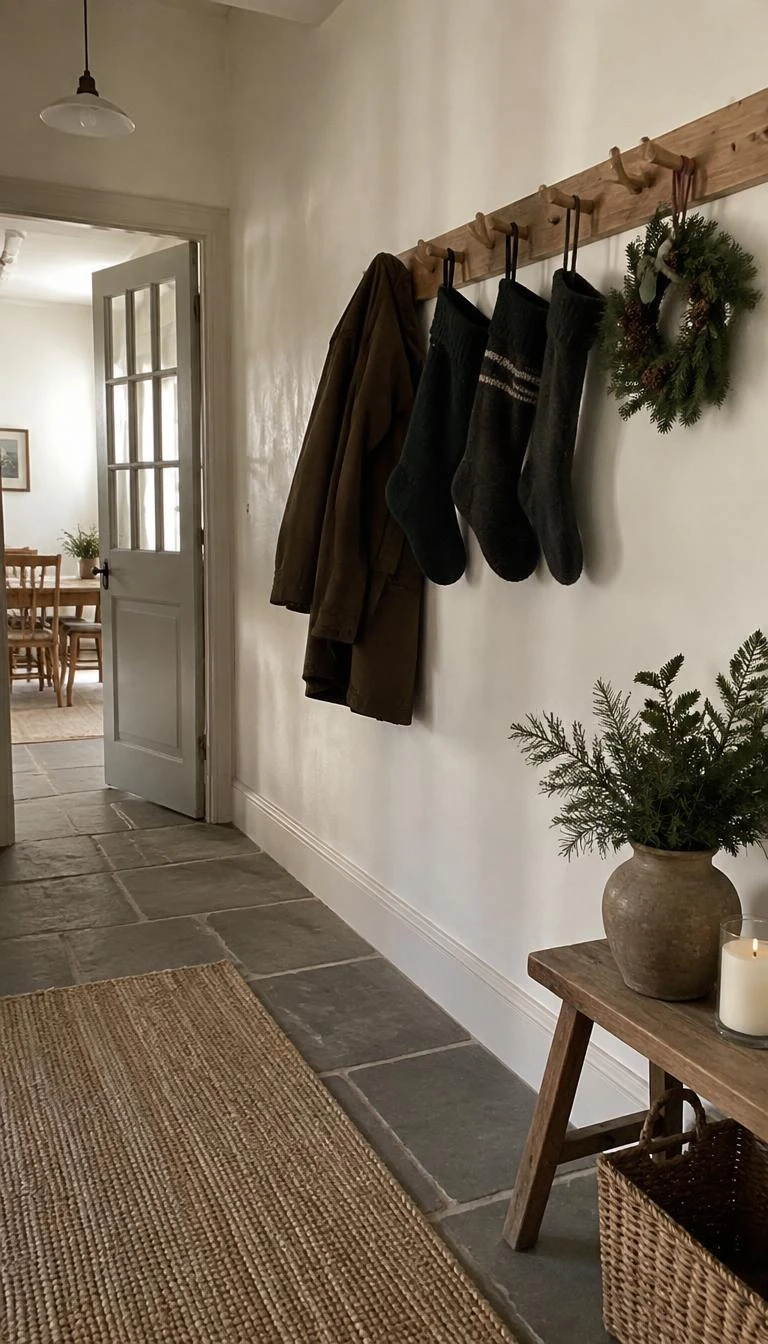 A candid, realistic iPhone photograph of a farmhouse hallway entry, featuring a simple oak shaker peg rail with three dark wool stockings hanging alongside an old wool coat and a small winter wreath, soft ambient daylight on plaster walls.
