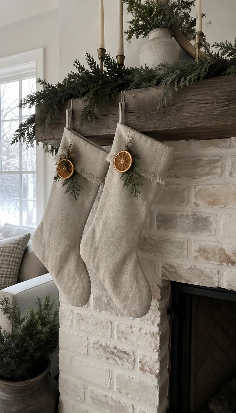 A candid, realistic iPhone photograph of a rustic living room mantel, featuring two unbleached linen stockings with gently frayed cuffs hanging against lime washed brick, soft natural winter light illuminating the coarse woven fabric and dried orange slices.