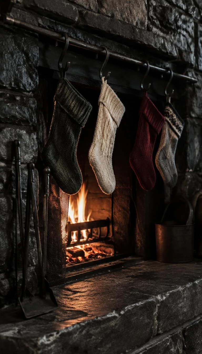 A candid, realistic iPhone photograph of a dark stone fireplace, featuring raw iron S-hooks holding heavy knitted stockings from a forged metal bar above a roaring fire, moody shadows and rich texture across the rough stone.