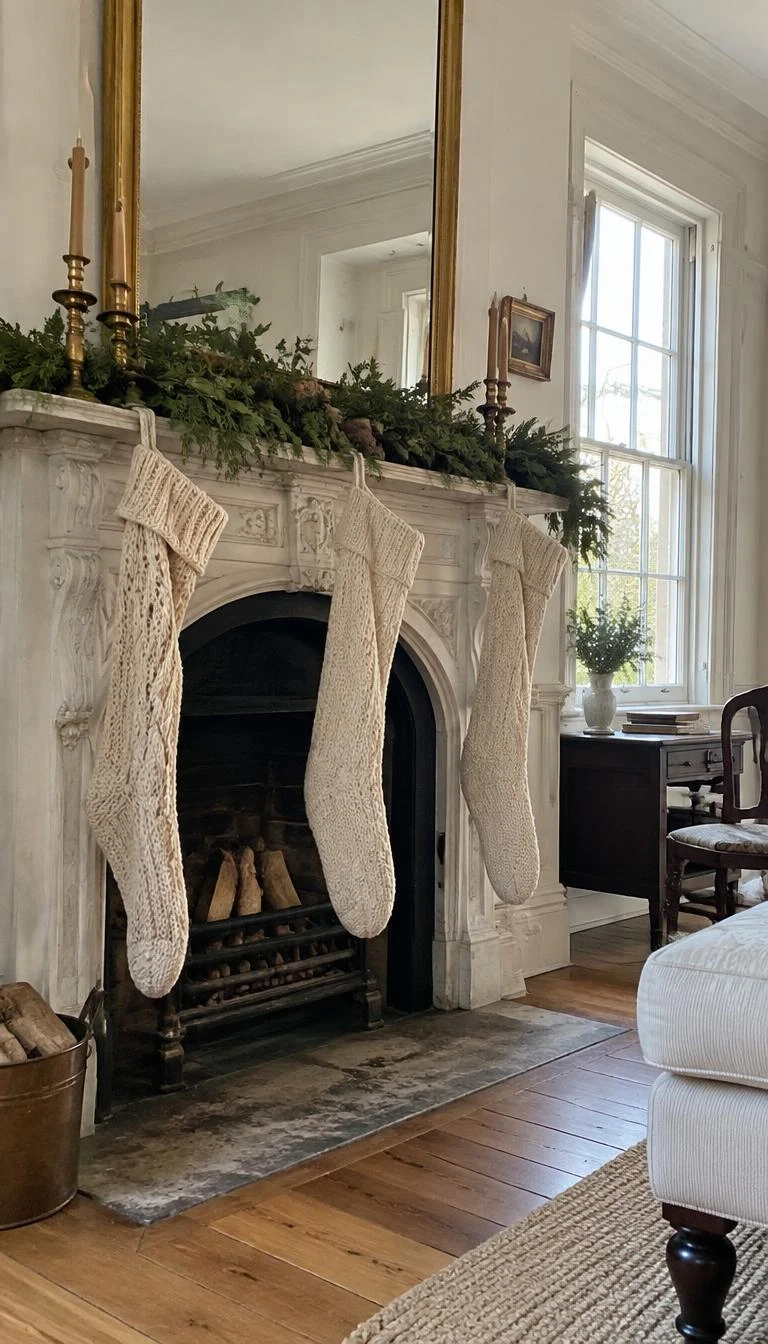 A candid, realistic iPhone photograph of a tall historic parlor fireplace, featuring three slender extra-long oatmeal knit stockings that reach down toward the wide plank wood floor, natural daylight shining through tall sash windows.