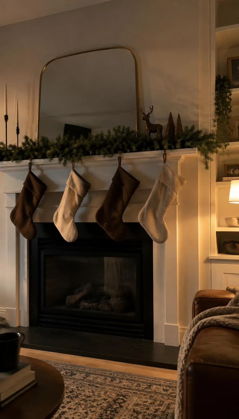 A candid, realistic iPhone photograph of a modern living room fireplace, showcasing stockings in alternating shades of dark chocolate felt and pale oatmeal twill hanging from hidden mantel hooks, warm lamplight casting long shadows across the mantlepiece.