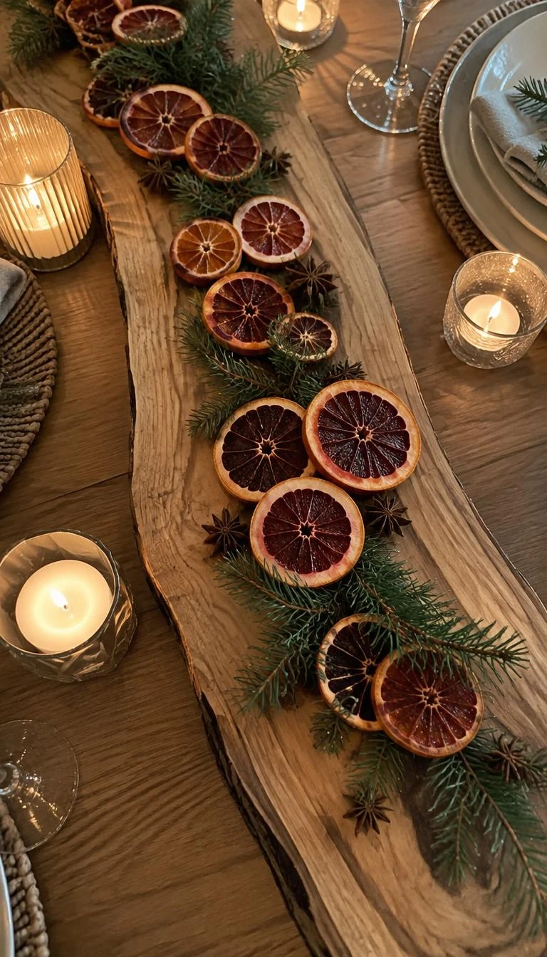 A candid, realistic iPhone photograph of a dining table with a long raw-edge oak board topped with dehydrated blood orange wheels, whole star anise pods, and short spruce twigs, warm ambient holiday illumination, overhead angled shot