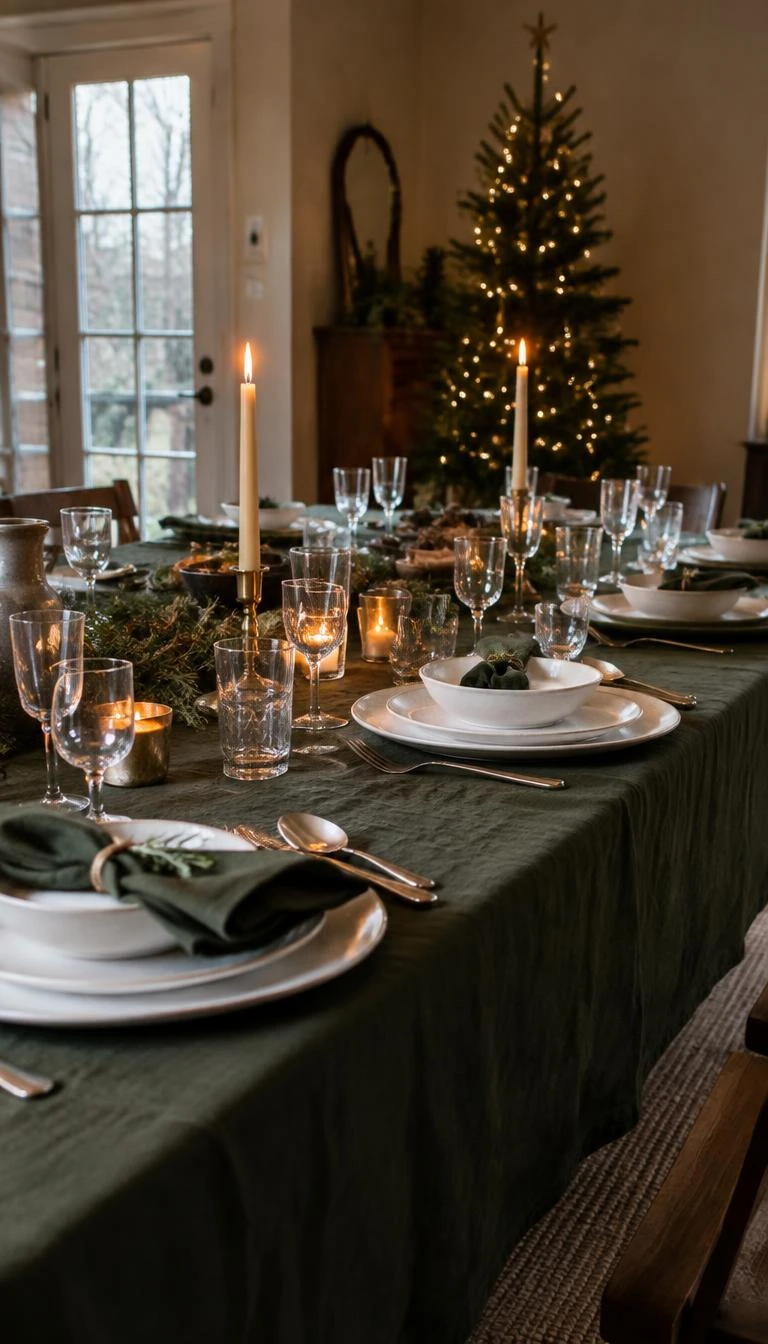 A realistic smartphone photograph of a Christmas table, featuring a dark moss green washed linen tablecloth, topped with white stoneware dinnerware, plain glass goblets, and small brass candle holders.
