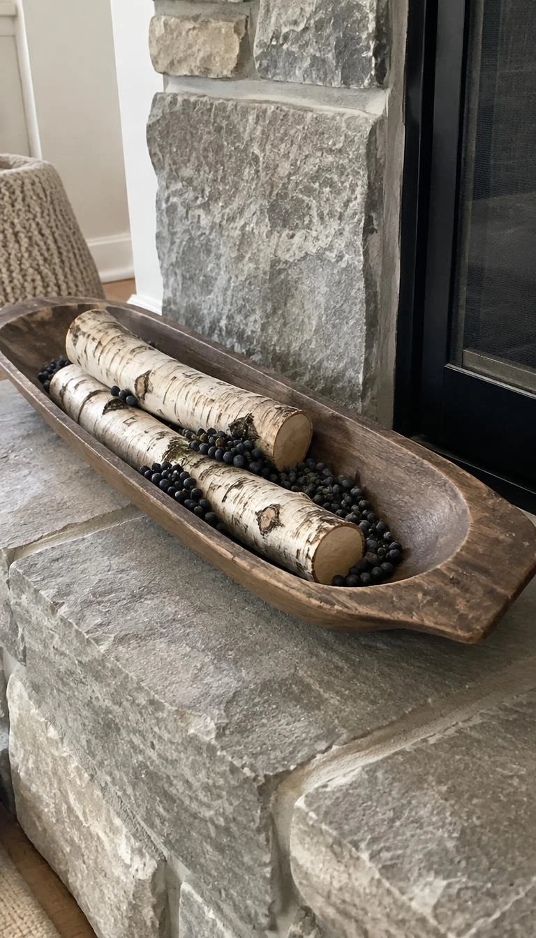 Rest White Birch Logs Across a Long Dough Bowl A candid, realistic iPhone photograph of a stone fireplace hearth showing a narrow wooden dough bowl containing three short white birch logs and scattered juniper berries.