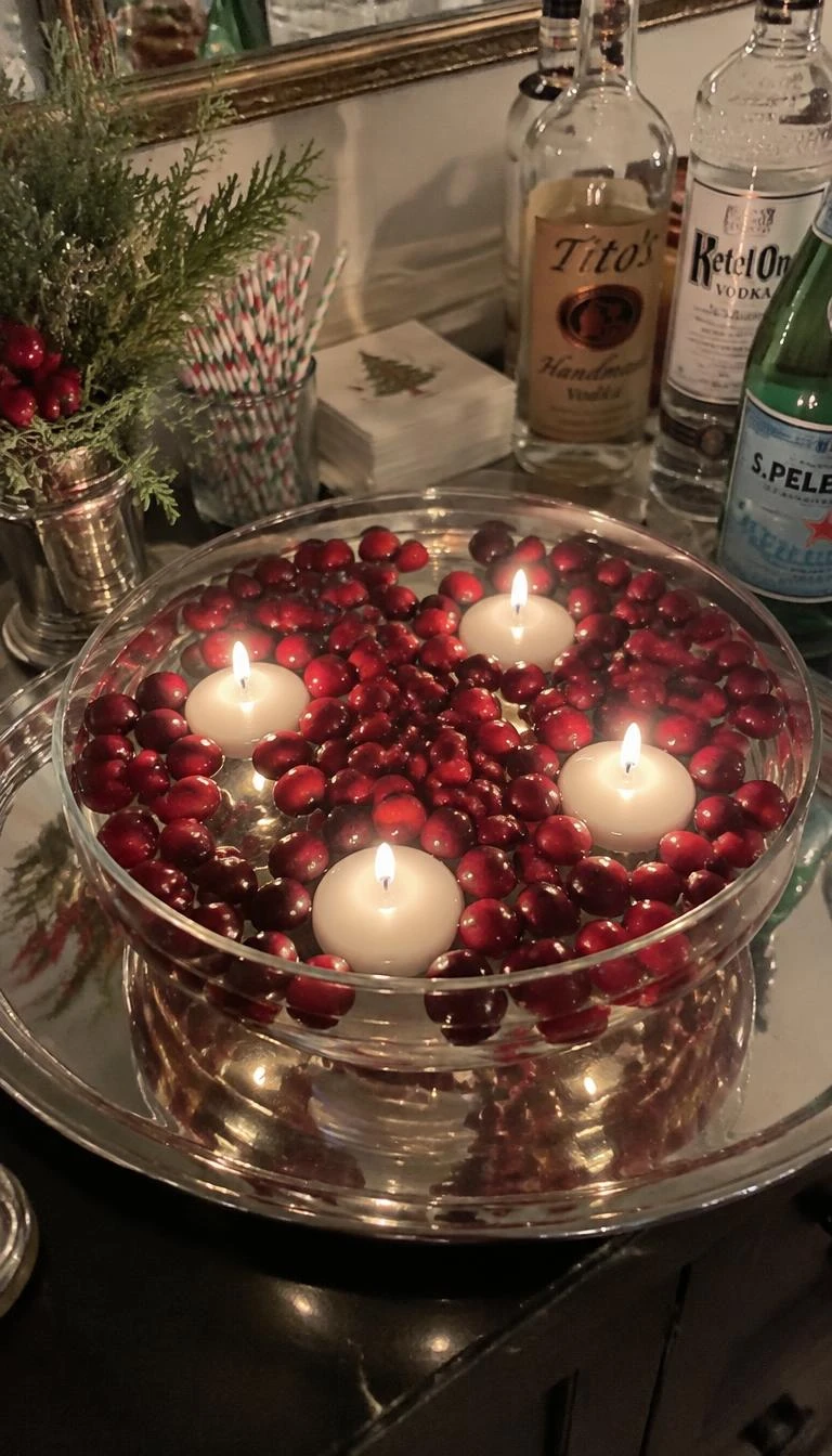 Float Floating Candles Among Whole Cranberries A candid, realistic iPhone photograph of a holiday party drink station with a shallow clear glass dish on a silver tray filled with water, fresh red cranberries, and round white floating candles.
