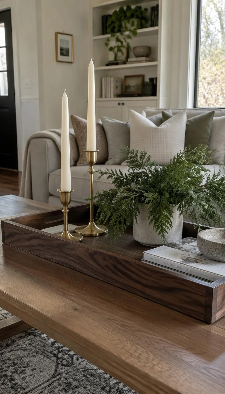 Pair Raw Brass Candlesticks with Cedar Sprigs A candid, realistic iPhone photograph of a living room coffee table holding a dark walnut tray, two raw brass candlesticks with cream tapers, and fresh green cedar clippings, soft morning daylight, natural domestic interior setting.