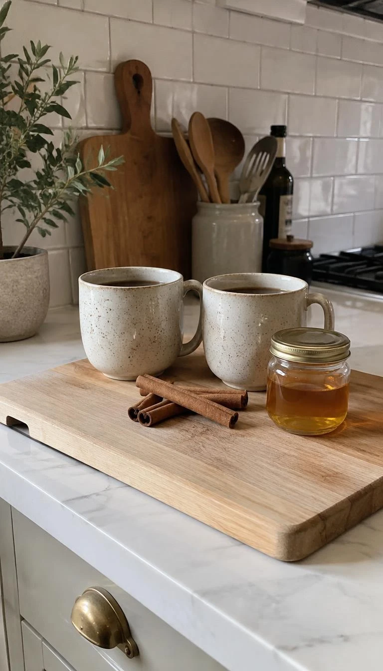 Anchor Stoneware Mugs on a Raw Wood Board A candid, realistic iPhone photograph of a kitchen counter with an unfinished oak board holding two speckled oatmeal stoneware mugs, cinnamon sticks, and a small glass jar of honey.