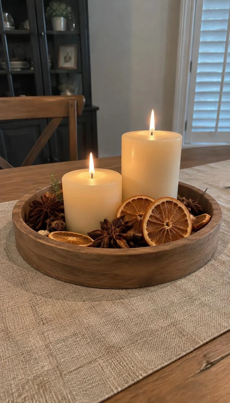 Float Dried Orange Slices Around Chunky Pillar Candles A candid, realistic iPhone photograph of a dining table centerpiece with a round wooden tray containing two ivory pillar candles, dried orange wheels, whole star anise pods, and natural linen placemat underneath.