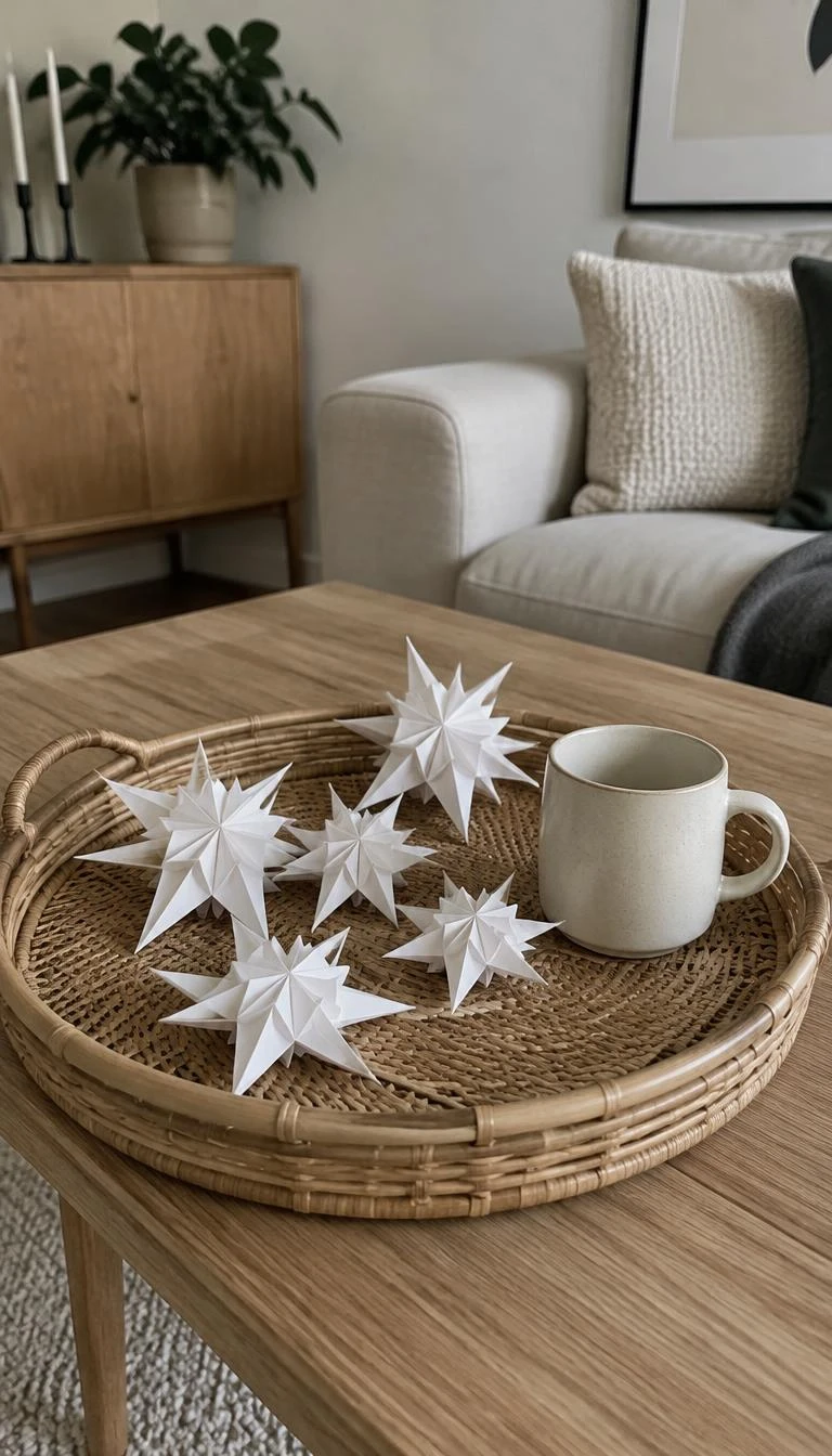 Scatter Paper Star Ornaments on a Woven Rattan Tray A candid, realistic iPhone photograph of a Scandinavian style living room table with a round rattan tray holding six folded white paper stars and a single cream ceramic mug.