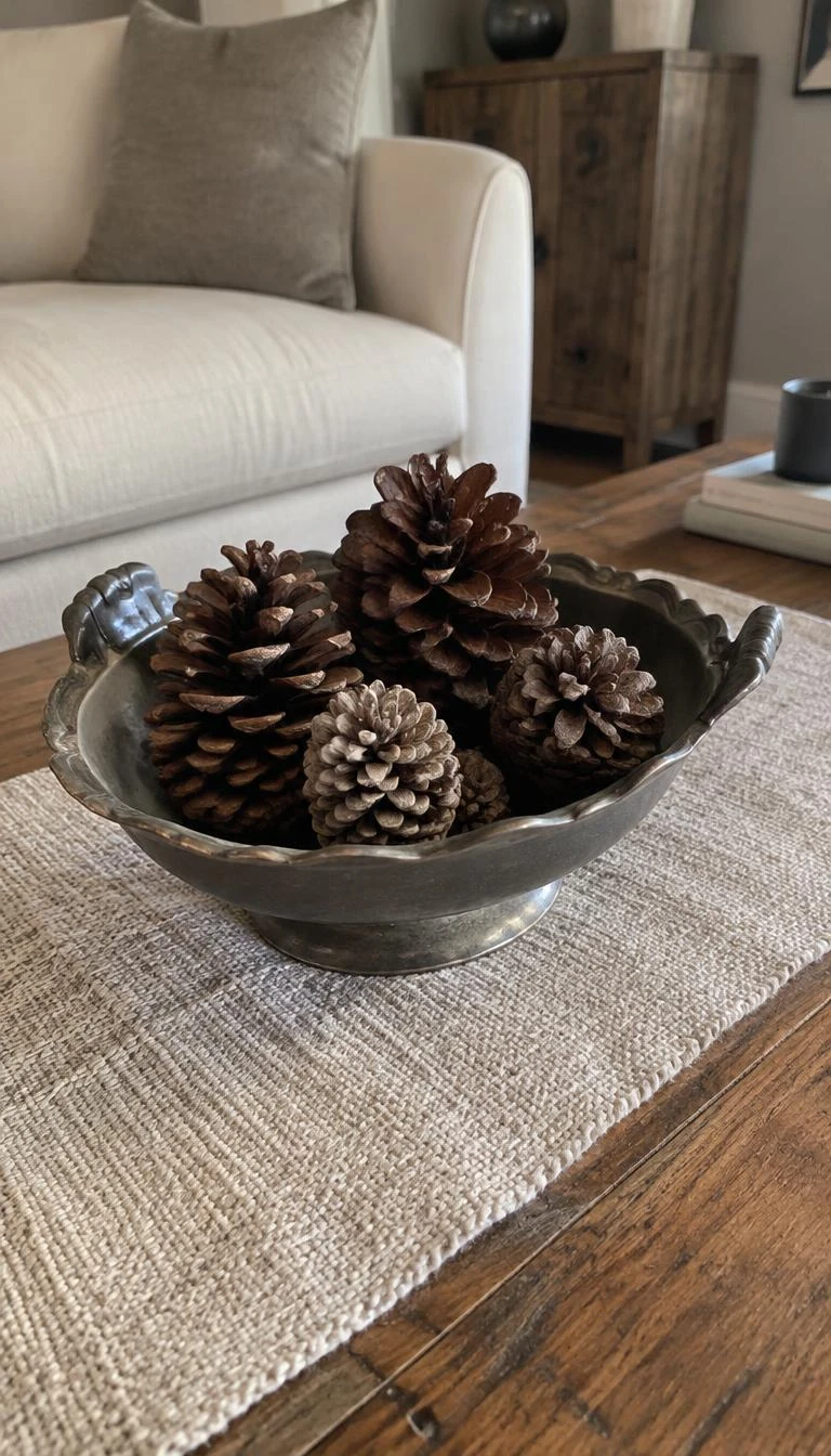Arrange Foraged Pinecones Inside a Shallow Pewter Bowl A candid, realistic iPhone photograph of a low coffee table with an antique pewter bowl filled with five natural pinecones of varying sizes, sitting on a soft wool runner.