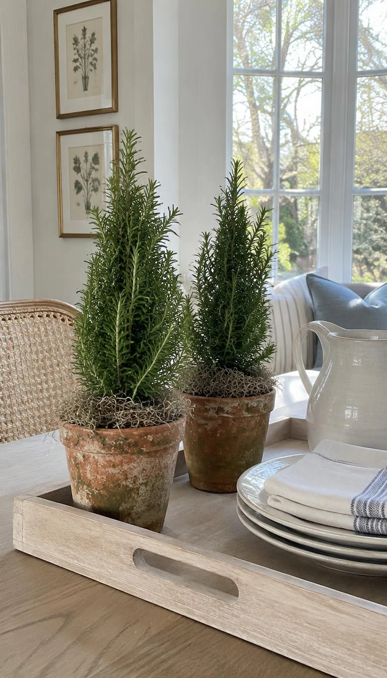 Combine Clipped Rosemary Topiaries with Unfinished Terracotta A candid, realistic iPhone photograph of a bright breakfast nook with a pale wood tray holding two small conical rosemary topiaries in weathered terracotta pots with dried moss.