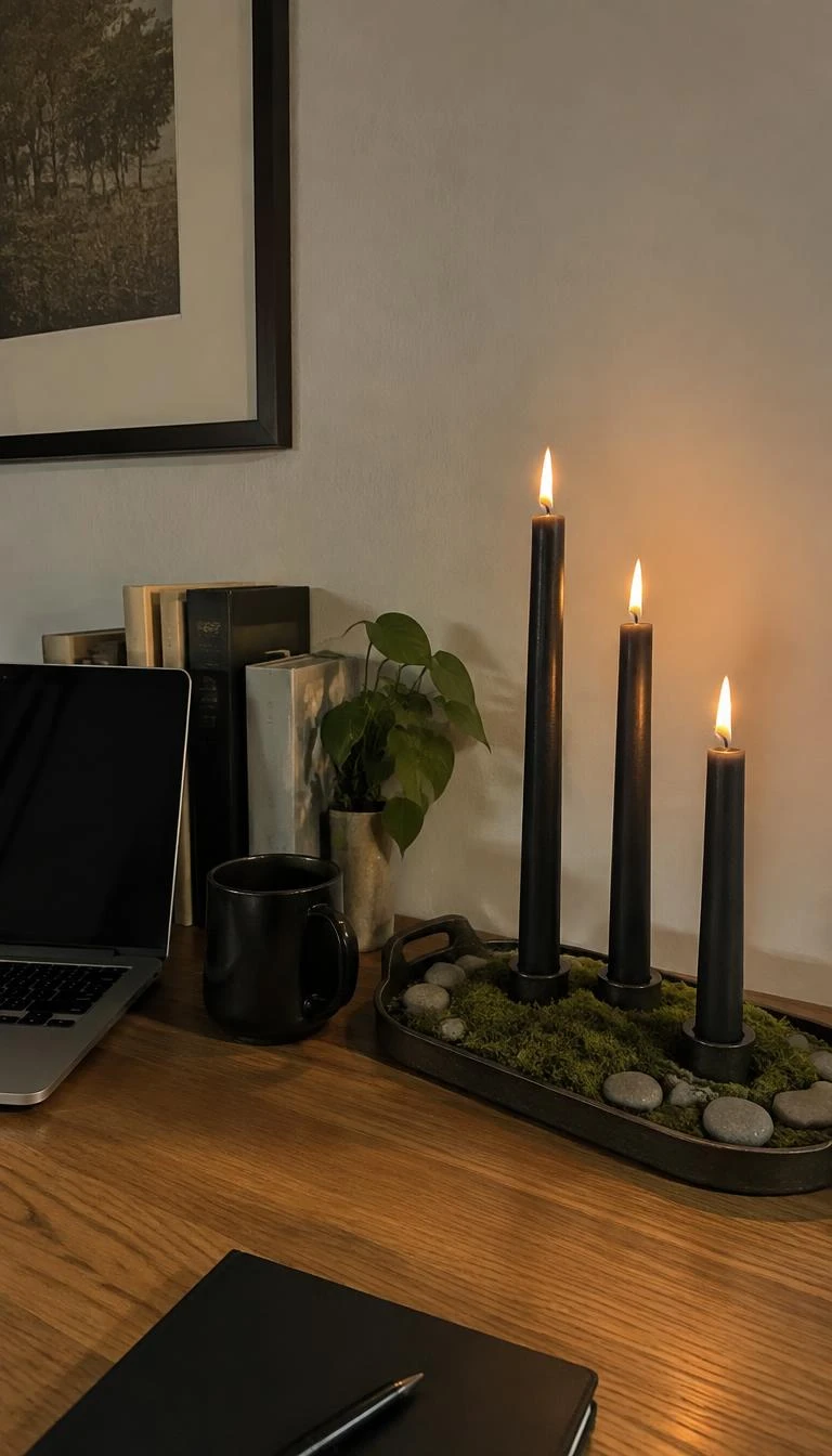 Layer Fresh Moss Around Matte Black Tapers A candid, realistic iPhone photograph of a study desk with an iron tray lined with preserved green sheet moss, three matte black taper candles, and small grey river pebbles.