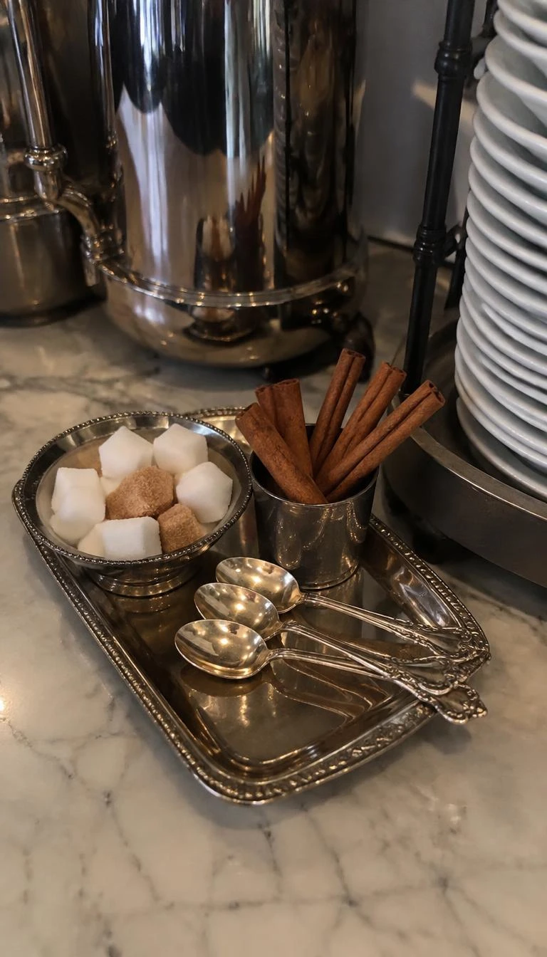 Display Vintage Silver Spoons with Ground Cinnamon Sticks A candid, realistic iPhone photograph of a coffee bar station with a small rectangular silver tray holding three antique ornate teaspoons, a shallow bowl of sugar cubes, and cinnamon quills.