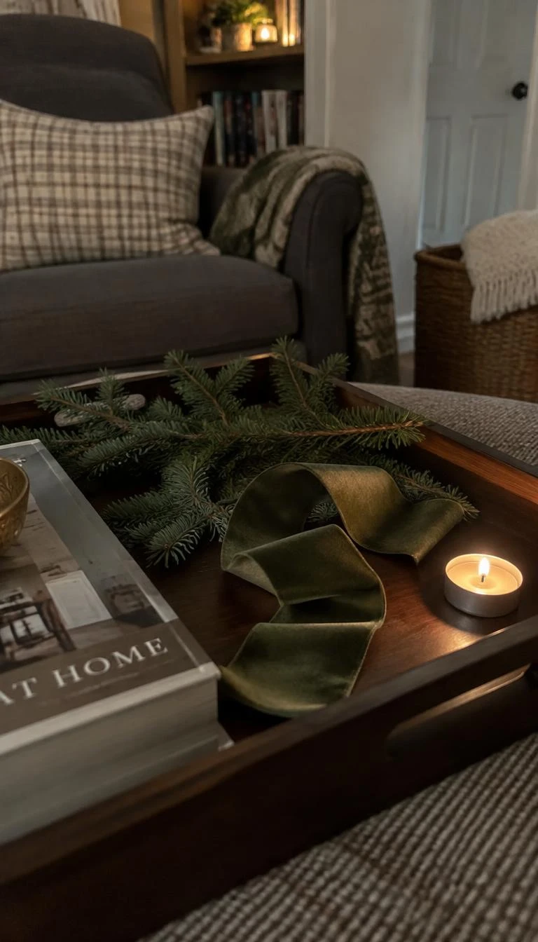 Weave Velvet Ribbon Through Silver Fir Branches A candid, realistic iPhone photograph of a cozy reading corner showing a dark wooden tray with noble fir boughs, a loose length of moss green velvet ribbon, and a single tea light.