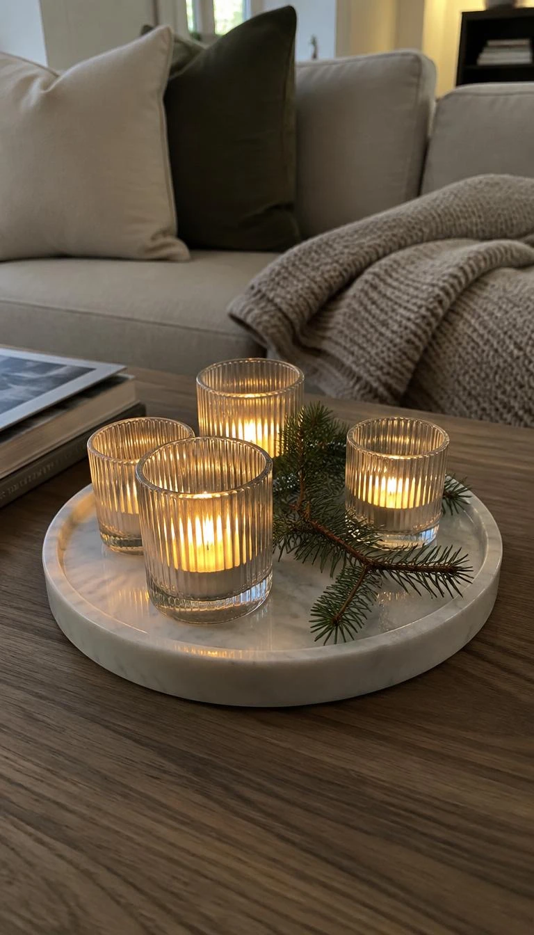 Group Ribbed Glass Votives on Polished Marble A candid, realistic iPhone photograph of a modern living room side table showing a white marble tray with four ribbed glass votive holders, glowing tea lights, and a single sprig of spruce.