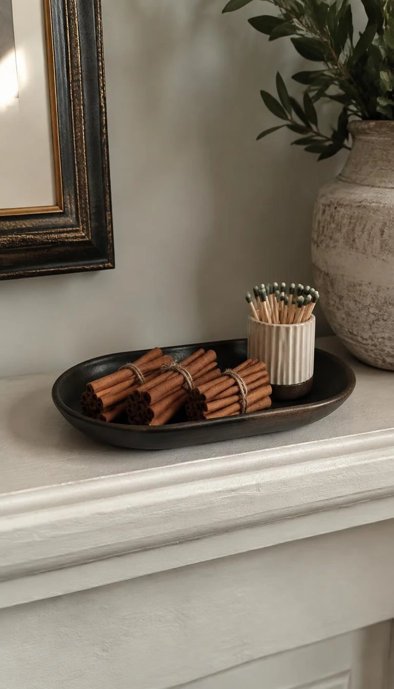 Rest Bound Cinnamon Bundles Beside Heavy Match Strikers A candid, realistic iPhone photograph of a mantelpiece corner showing a small black stoneware tray with three bundles of cinnamon sticks tied with twine and a ribbed ceramic match striker.