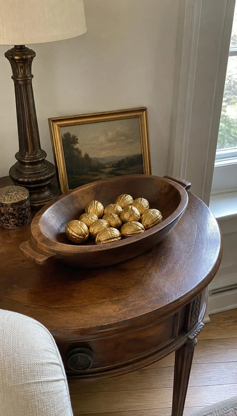Set Gilded Walnuts Inside an Oval Treen Dish A candid, realistic iPhone photograph of an antique side table with a hand carved oval treen wooden bowl holding ten gold leaf walnuts, with natural daylight from a nearby window.