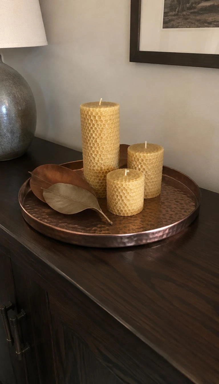 Cluster Beeswax Pillars Across a Hammered Copper Platter A candid, realistic iPhone photograph of a dark wood sideboard with a round hammered copper tray holding three rolled beeswax pillar candles and two dry magnolia leaves.