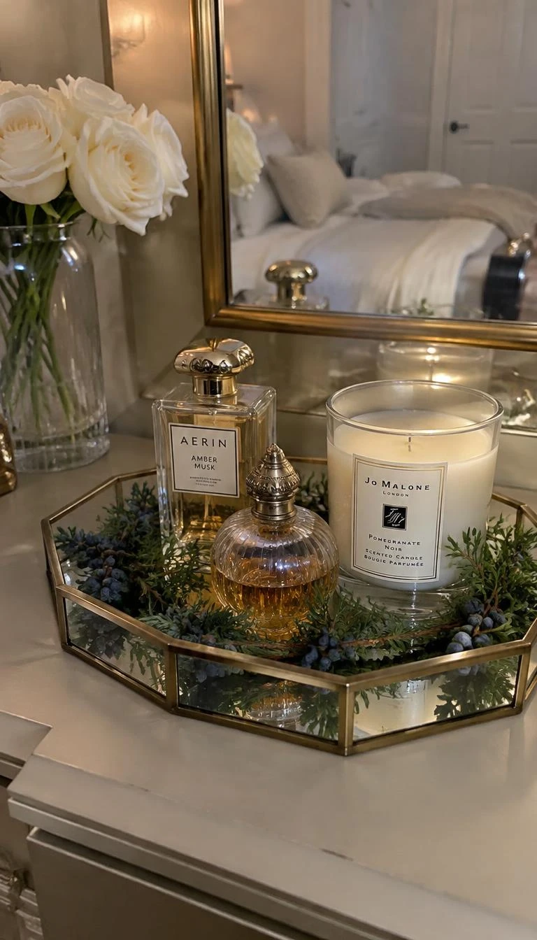 Border a Mirrored Tray with Fresh Juniper Sprigs A candid, realistic iPhone photograph of a bedroom vanity with an octagonal mirrored tray lined with fresh juniper berries and greens, holding two vintage perfume bottles and a white candle.