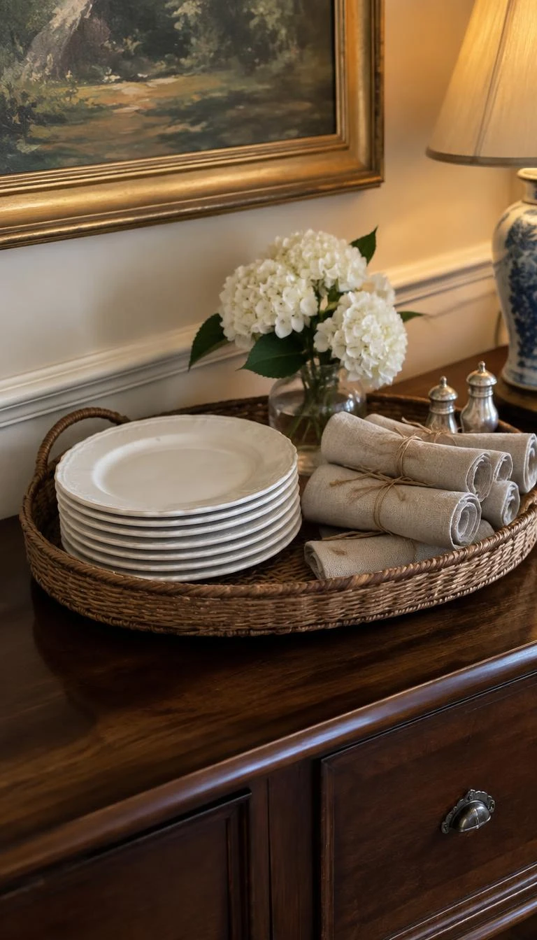 Stack Antique Ironstone Plates Beside Linen Napkins A candid, realistic iPhone photograph of a buffet sideboard showing an oval wicker tray holding a neat stack of white antique ironstone dessert plates and rolled oatmeal linen napkins tied with string.