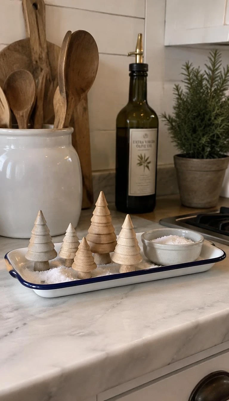 Stand Miniature Wooden Trees on an Enameled Baker A candid, realistic iPhone photograph of a farmhouse kitchen counter showing a white enamel tray with blue rim holding five small lathe turned wooden spruce trees and fine rock salt.