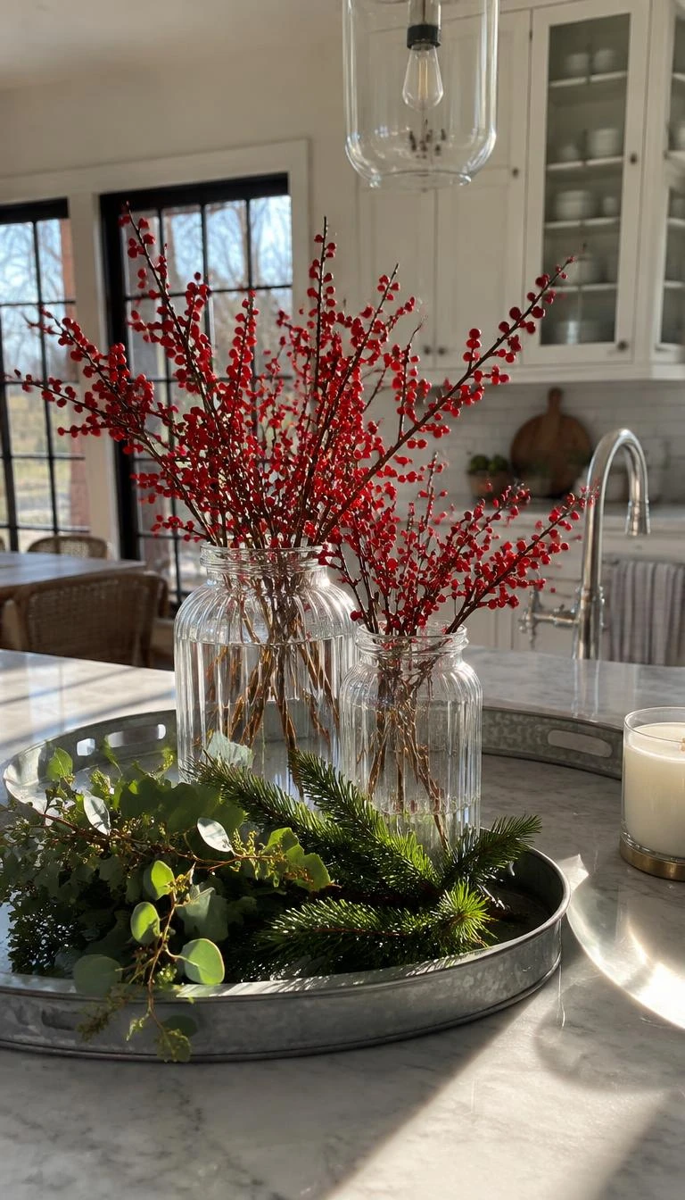 Enclose Red Winterberries in Ribbed Glass Jars A candid, realistic iPhone photograph of a sunlit kitchen island with a galvanized zinc tray, two clear ribbed glass jars filled with bright red winterberry branches, and fresh cut greenery.