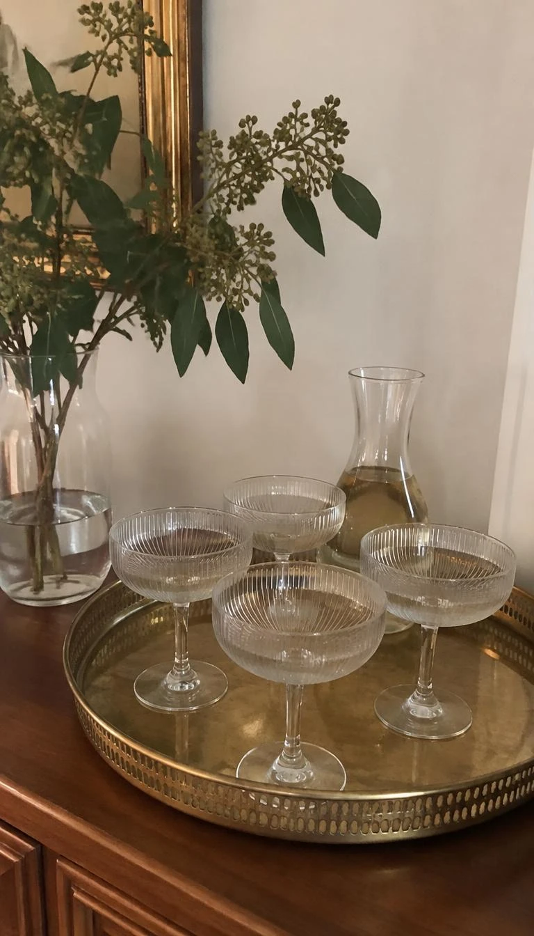 Balance Fluted Glassware Beside Seeded Eucalyptus A candid, realistic iPhone photograph of a cocktail sideboard with an antique brass tray holding four ribbed champagne coupes, a small carafe, and three stems of seeded eucalyptus.