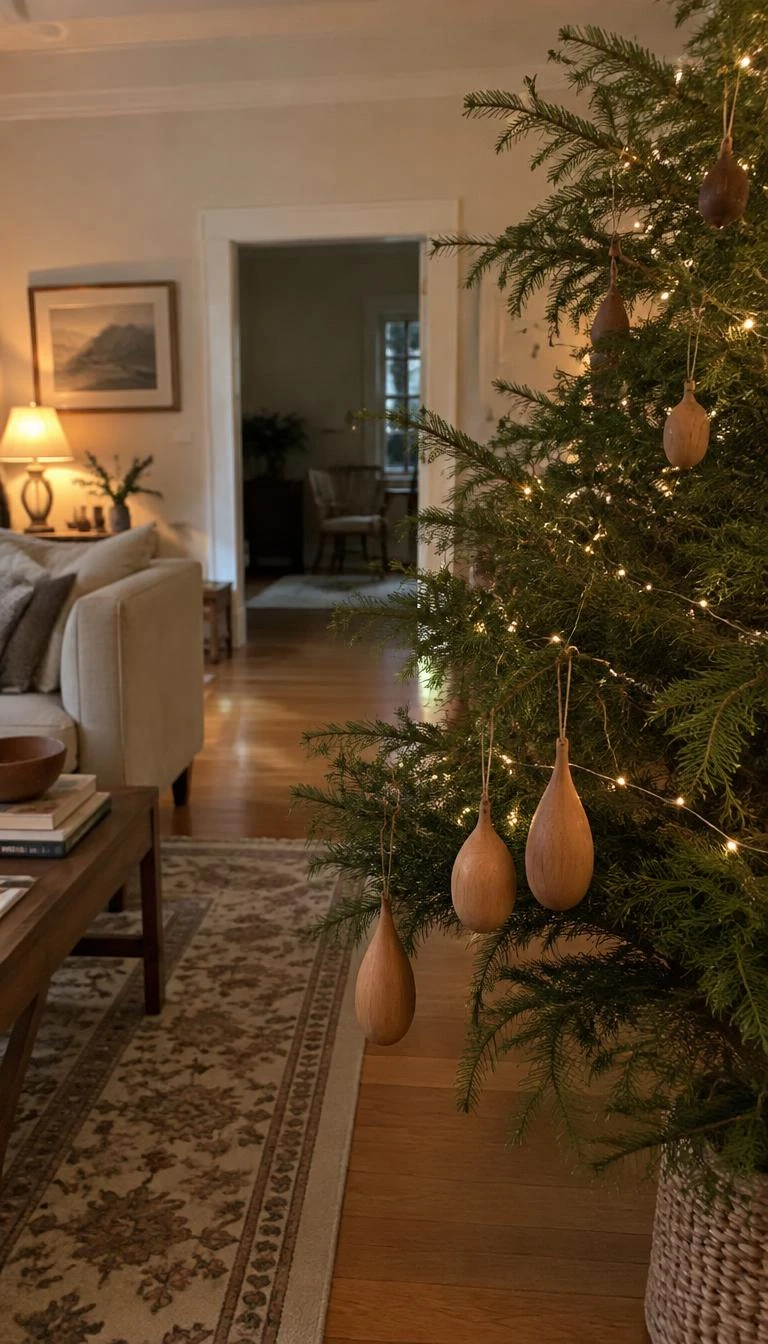 A candid, realistic iPhone photograph of a living room, handcrafted wooden teardrop ornaments hanging low on a cedar tree, warm oak floorboards, relaxed seasonal decor, soft ambient light from a table lamp