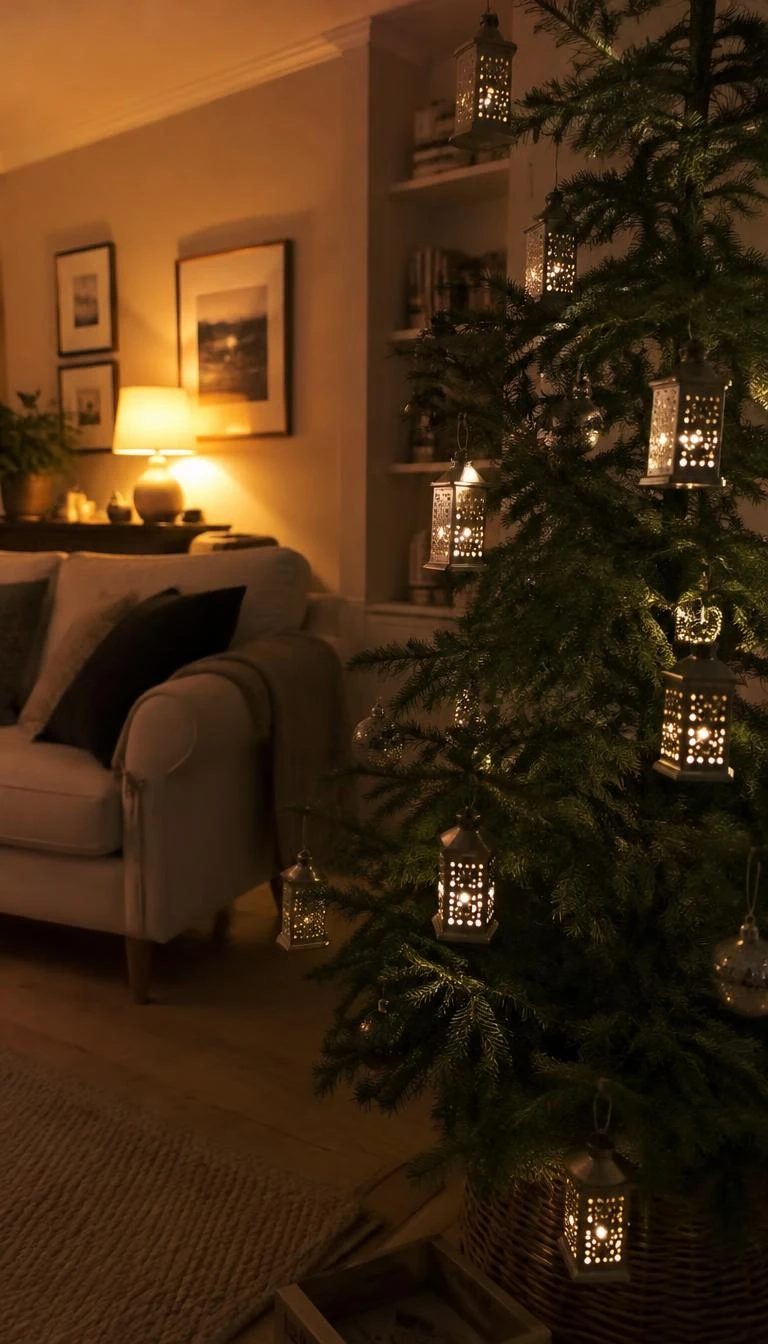 A candid, realistic iPhone photograph of a living room, miniature pierced tin lanterns glowing with internal light on an evergreen tree, warm ambient room lighting, quiet evening atmosphere