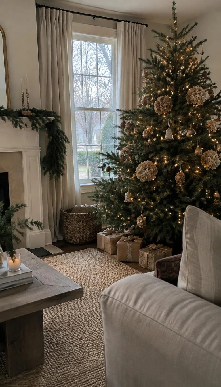 A candid, realistic iPhone photograph of a living room, a Christmas tree with dried beige hydrangea blossoms nested inside dense pine foliage, quiet overcast daylight, soft textured room with neutral furnishings
