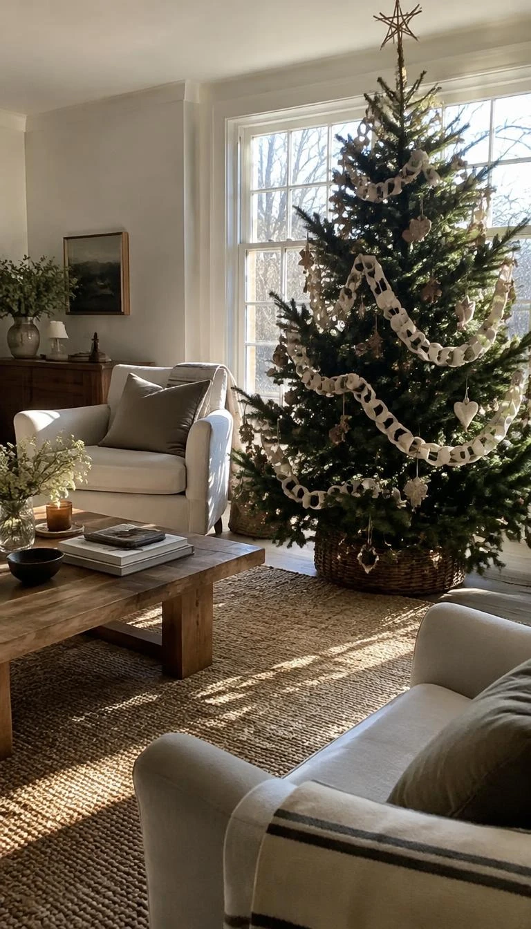A candid, realistic iPhone photograph of a living room, natural morning light falling across a tall fir tree decorated with handmade cream flax paper chains, muted earthen accents, warm wool rug below, comfortable linen armchairs nearby