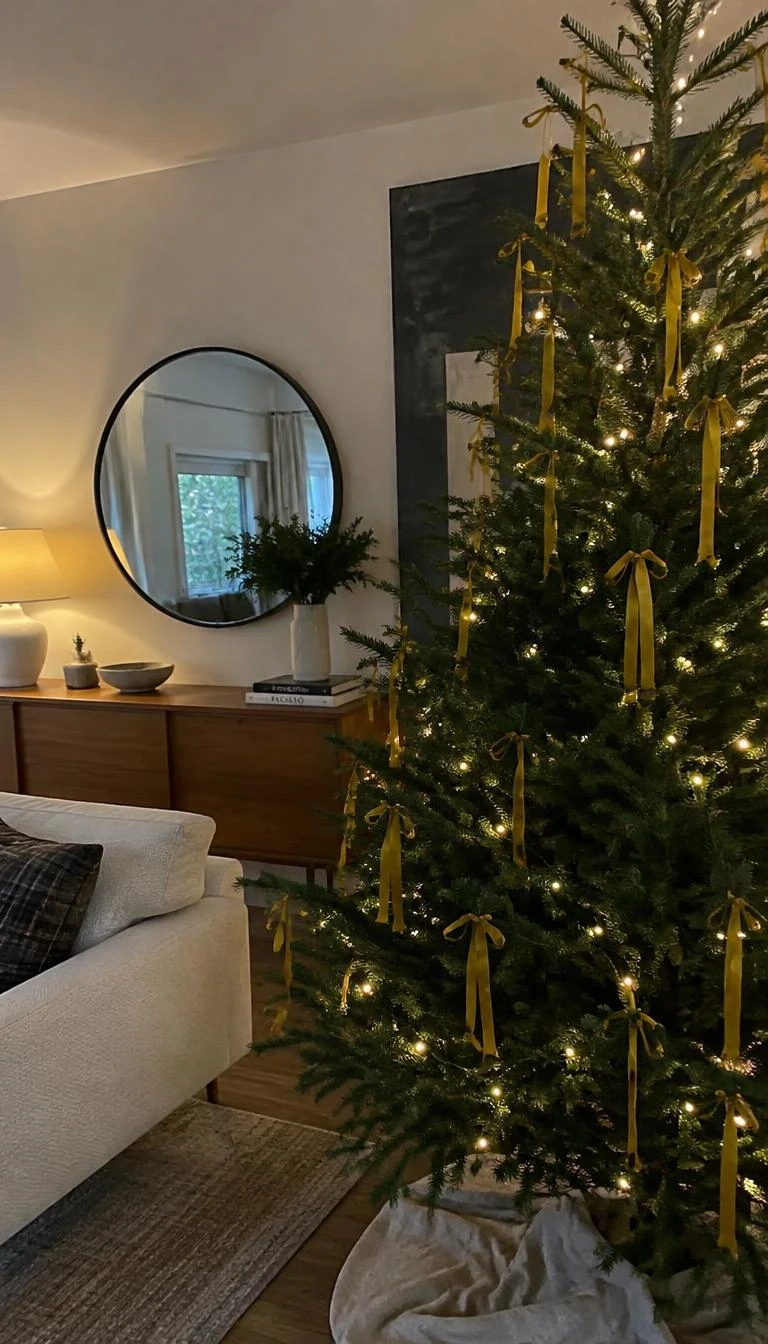 A candid, realistic iPhone photograph of a living room with a Christmas tree, showing skinny mustard yellow velvet cords tied into simple small knots on green branch tips, minimalist holiday styling