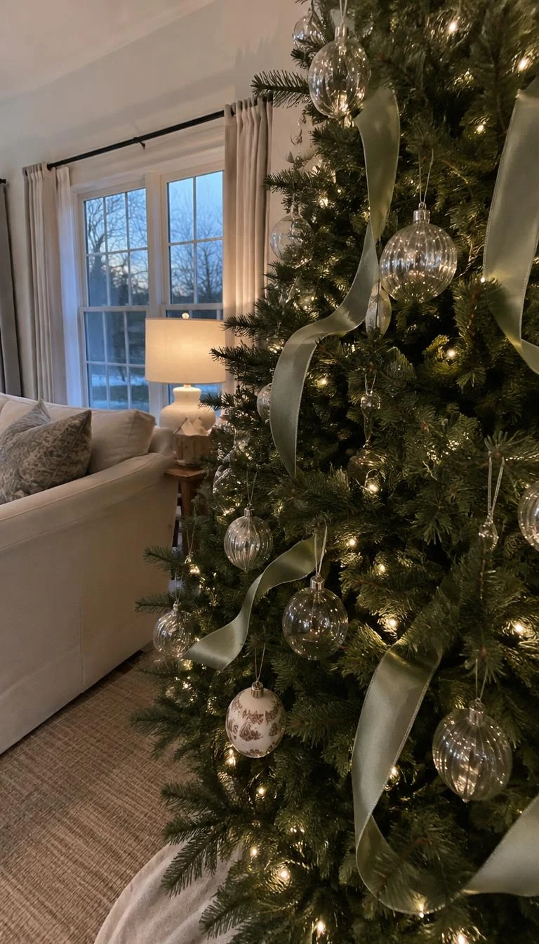 A candid, realistic iPhone photograph of a living room with a Christmas tree, showing pale sage green ribbed grosgrain ribbon draping across dark pine needles, clear glass ornaments reflecting soft lights
