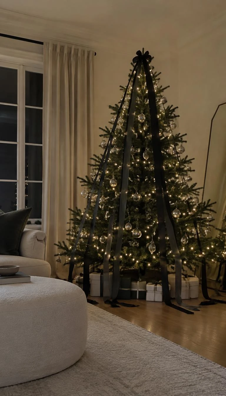 A candid, realistic iPhone photograph of a living room with a Christmas tree, long unbroken charcoal grosgrain ribbons running from the treetop all the way down to puddle on the hardwood floor, minimalist interior