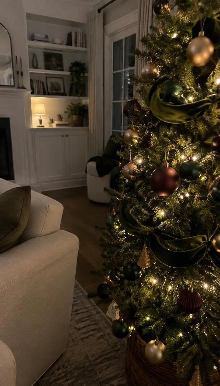 A candid, realistic iPhone photograph of a living room with a Christmas tree, showing moss green velvet ribbon loosely looped into the tree interior between dark boughs, matte glass baubles nearby, quiet evening light