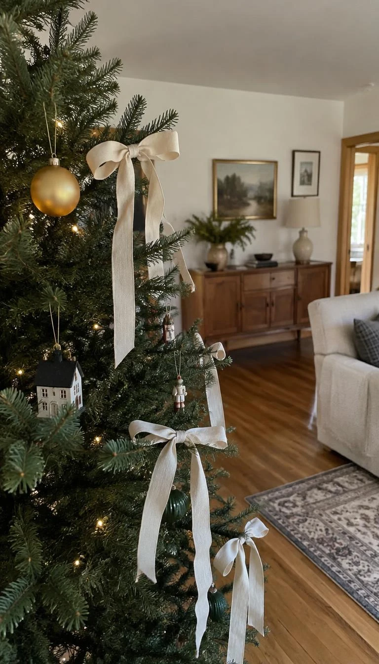 A candid, realistic iPhone photograph of a living room with a Christmas tree, showing relaxed cream cotton twill bows with long floppy ends tied to branch tips, warm wood furniture in background, soft daylight