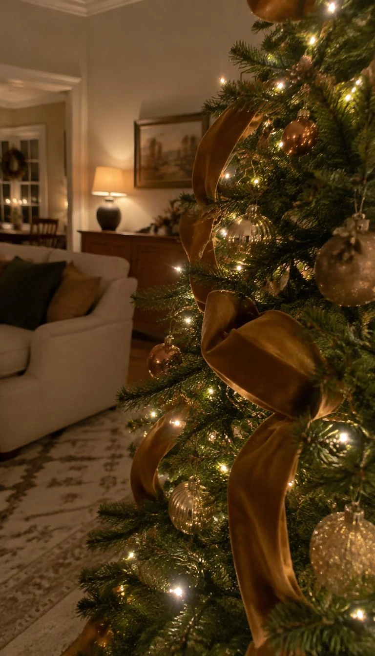 A candid, realistic iPhone photograph of a living room with a Christmas tree, dark ochre golden velvet ribbon loops resting among pine needles illuminated by warm incandescent lights, cozy evening home scene