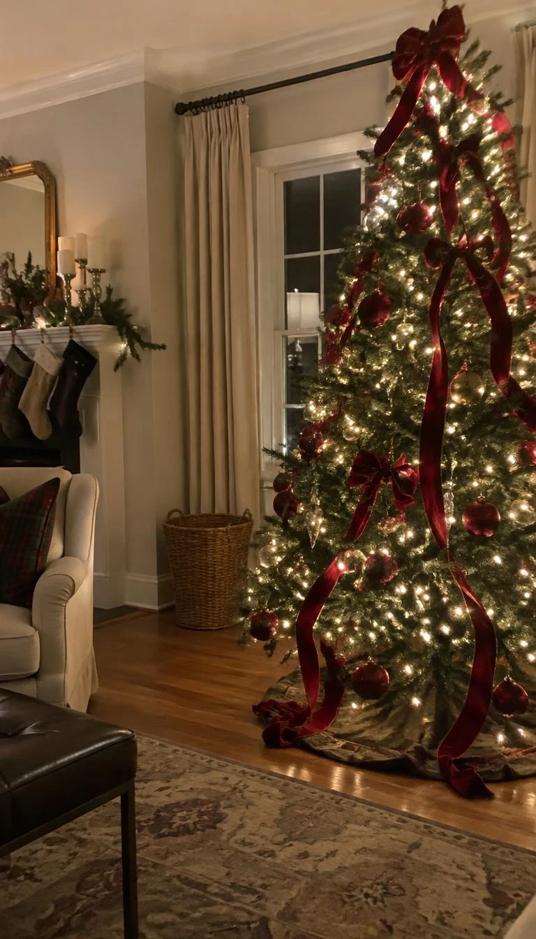 A candid, realistic iPhone photograph of a living room with a Christmas tree, rich velvet ribbon pooling in folds onto the tree skirt on the floor beneath bottom branches, warm interior