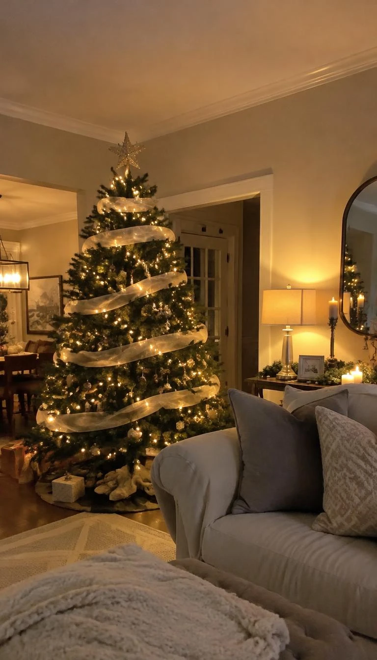 A candid, realistic iPhone photograph of a living room with a Christmas tree, soft pleated ivory chiffon loosely wound in horizontal rings around pine boughs, warm glowing lamps nearby