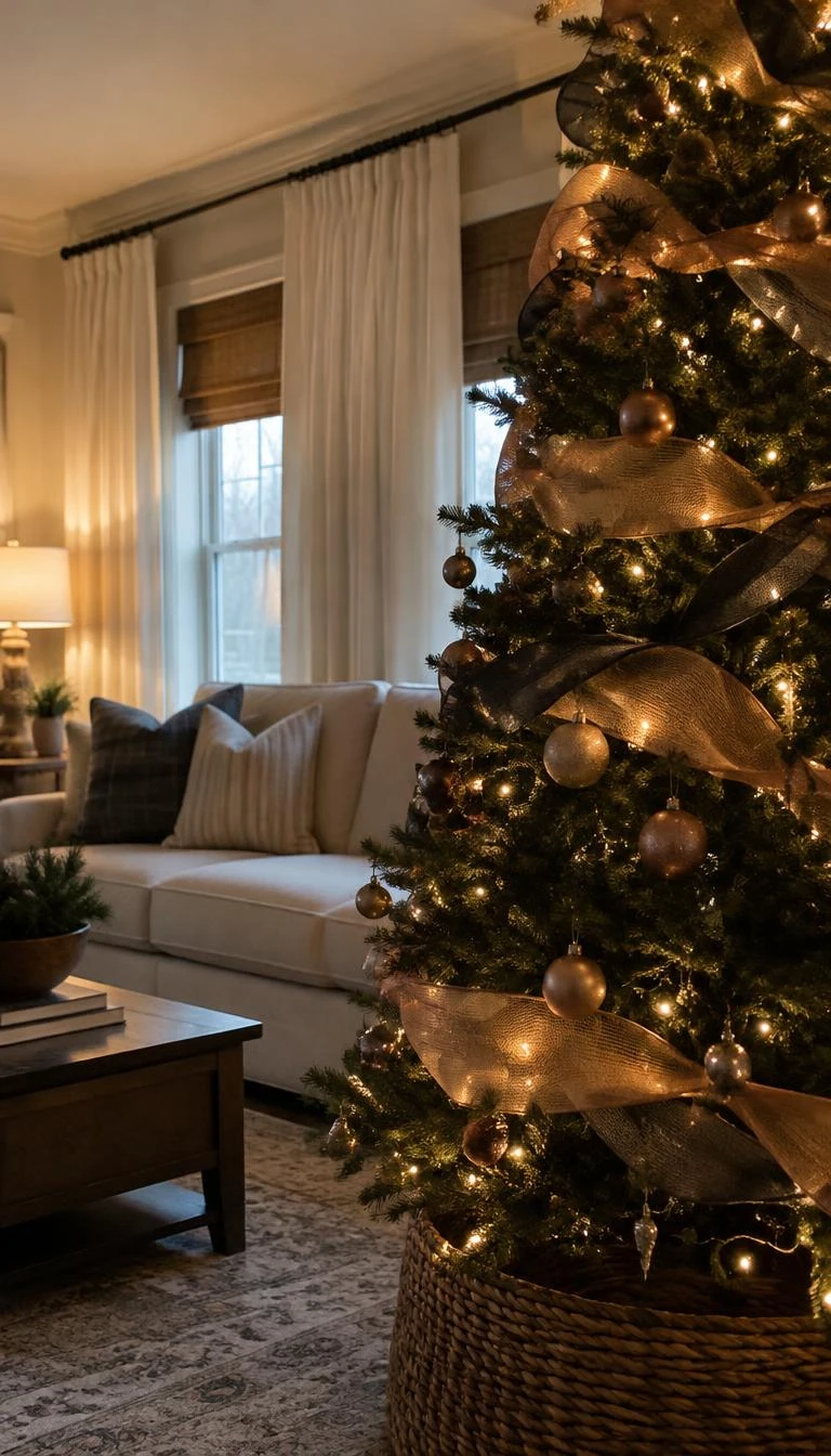 A candid, realistic iPhone photograph of a living room with a Christmas tree, showing thin translucent bronze organza layered over charcoal wool ribbon on pine branches, warm ambient glow, domestic interior