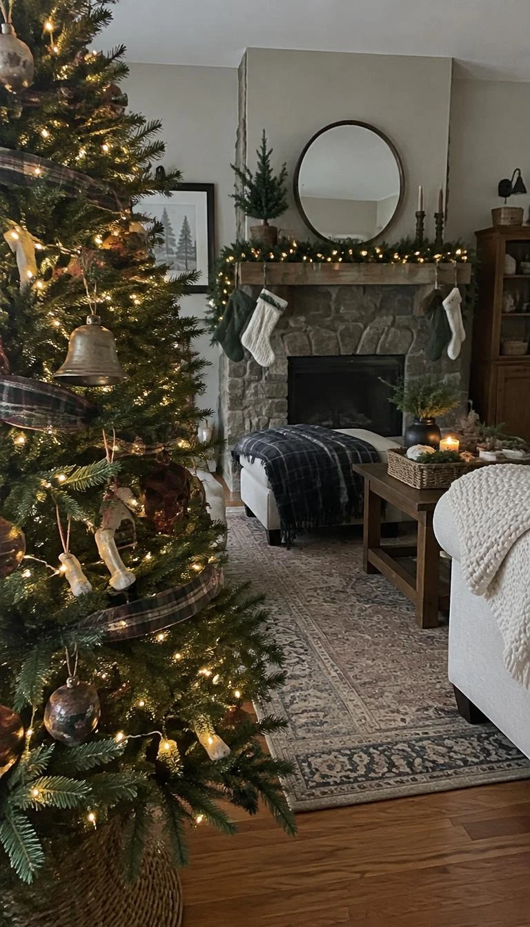 A candid, realistic iPhone photograph of a living room with a Christmas tree, showing muted brown and green plaid wool ribbon wrapped snug along branch stems, rustic fireplace in background