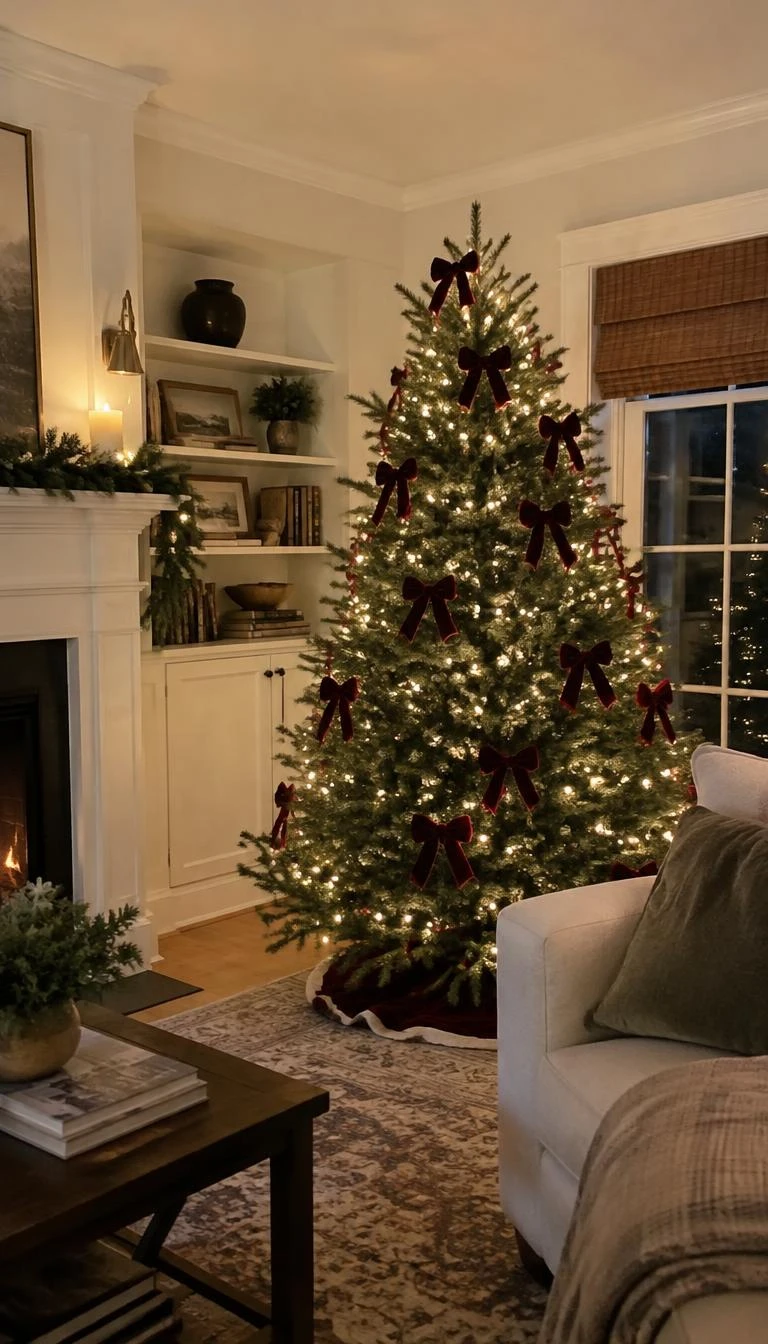 A candid, realistic iPhone photograph of a living room with a Christmas tree, showing neat symmetrical burgundy velvet bows spaced evenly on alternate fir branches, warm soft lighting