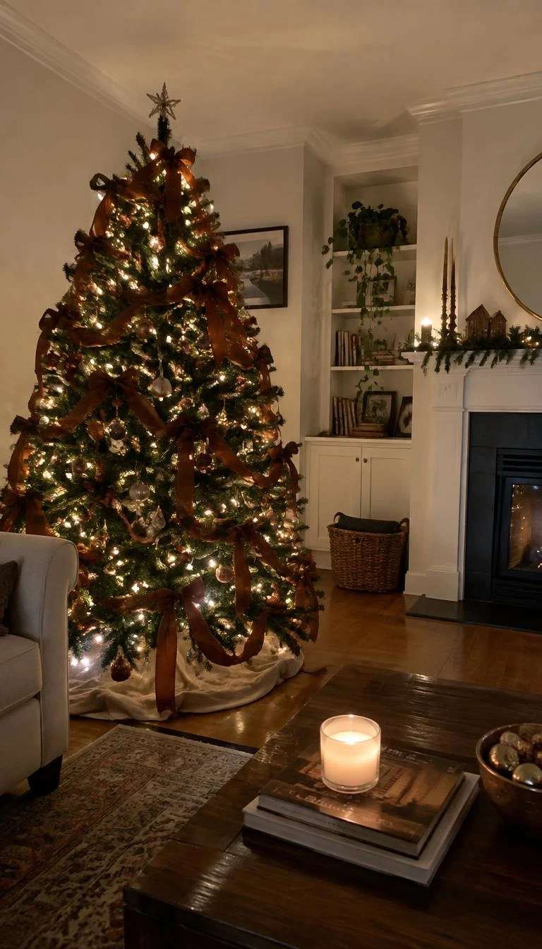 A candid, realistic iPhone photograph of a living room with a Christmas tree, rich rust brown satin ribbon woven loosely over fir branches, soft reflections from warm white fairy lights, cozy evening home setting