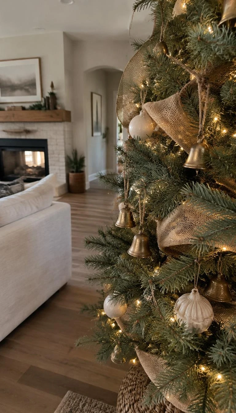 A candid, realistic iPhone photograph of a living room with a Christmas tree, showing four inch open weave tan burlap woven deep between pine branches, brass bells hanging from nearby twigs, neutral decor