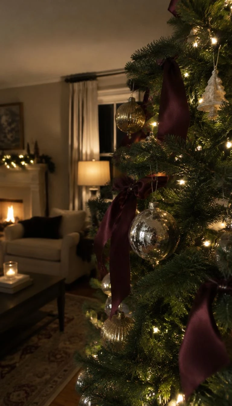 A candid, realistic iPhone photograph of a living room with a Christmas tree, showing crisp matte plum taffeta ribbon framing shiny mercury glass baubles on spruce branches, evening room glow
