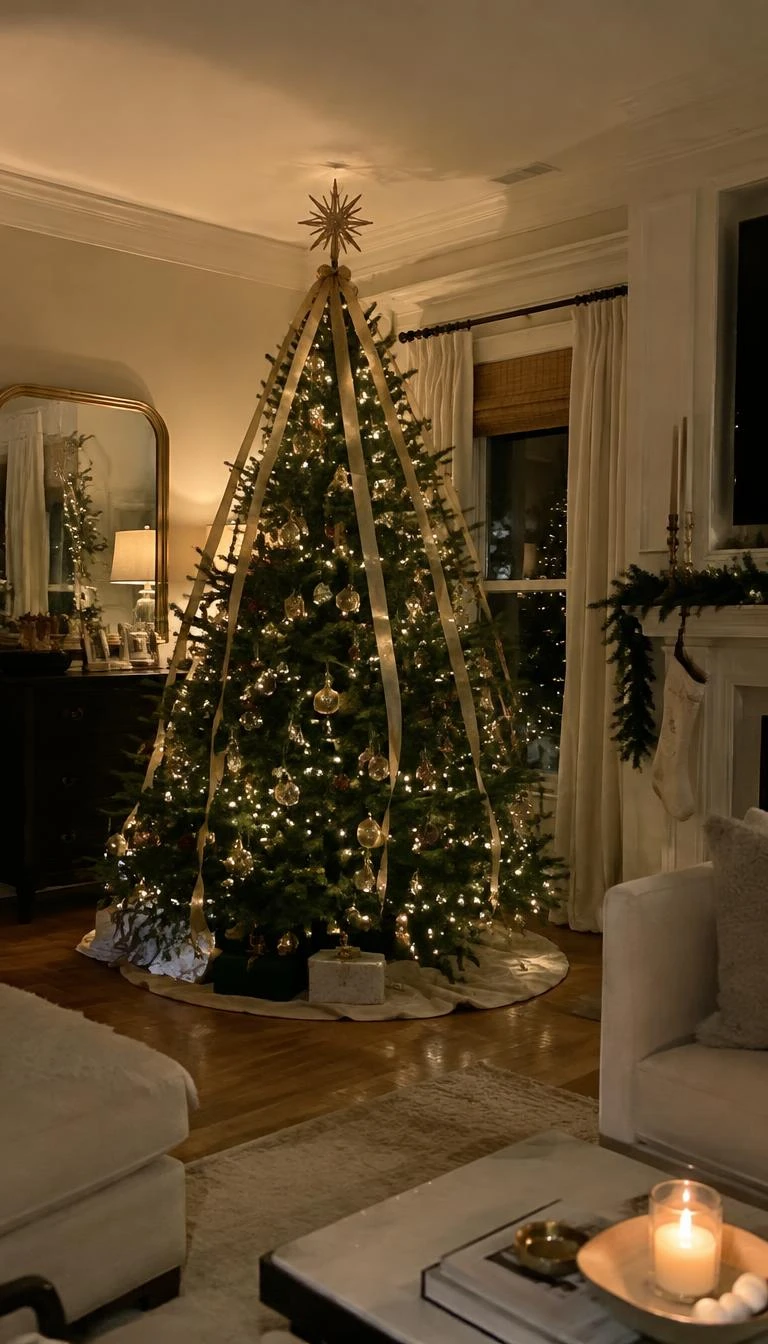 A candid, realistic iPhone photograph of a living room with a Christmas tree, thin antique gold metallic ribbons cascading vertically from the top spire down through pine branches, warm incandescent room lighting